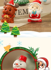 Detailed close-up of colorful resin Christmas miniatures including Santa, deer and snowman