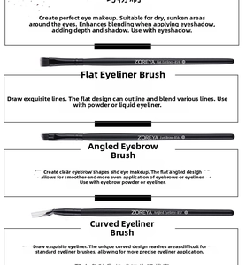 Detail view of professional black eye makeup brushes including eyeliner and brow brush tools