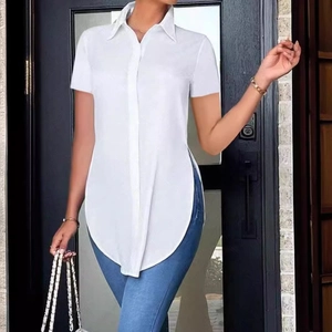 Women's white short sleeve POLO shirt with longline high side split irregular hemline