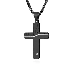 Men Cross Pendant Necklace Stainless Steel Cracked Brushed Texture Zircon Inlay Fashion Jewelry Punk Style