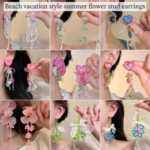 Floral Heart Tassel Drop Earrings With Silver Earring Post Faux Artificial Pearl Seed Beads Organza Flower Sweet Jewelry For Women