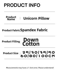 Detailed product specification table for plush unicorn pillow with spandex and down cotton