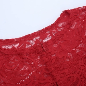 Detailed macro view of the neckline and invisible zipper on the red lace mini dress