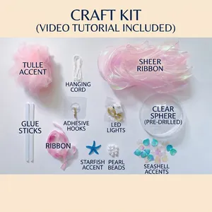 Detailed kit components for a DIY pink jellyfish lamp including LED lights and lace decor