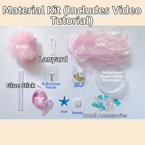 Detailed kit components for a DIY pink jellyfish lamp including LED lights and lace decor