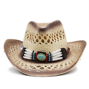 Classic straw western cowboy hat with turquoise ethnic band and gradient finish