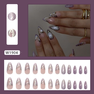 Dreamy purple cat-eye press-on nails with 3D silver metallic lines in long stiletto shape