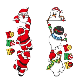 Cartoon Santa Claus and snowman window stickers with HO HO HO lettering for Xmas decor