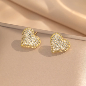 Hip hop style 18K gold plated heart stud earrings with sparkling pavé cubic zirconia
