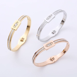 Evil Eye Bangle 304 Stainless Steel Rhinestone Pave Spring Clasp Elegant Fashion Jewelry For Women