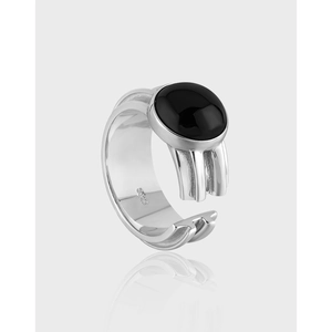 S925 Sterling Silver Black Agate Geometric Round Open Ring Retro Neutral Style Adjustable Finger Ring Jewelry For Women Men
