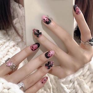 Press On Nails Pink Black Flame Pattern Gothic Y2K Style With 3D Bows Skulls Decor Manicure For Women