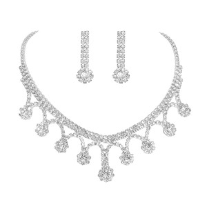 Luxurious silver rhinestone necklace and earring set with elegant tassel design