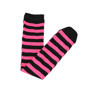 Close-up of pink and black striped knee-high socks showing fine knitted texture