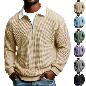 Men Waffle Knit Polo Shirt Long Sleeve Quarter Zip Contrast Lapel Casual Solid Color Fashion Pullover Top