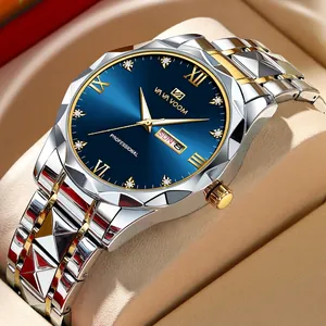 Men's business quartz watch with blue dial, gold accents and two-tone steel bracelet