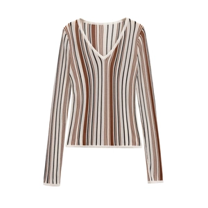 Women's V-neck long sleeve knit top with vertical brown, black, and beige stripes