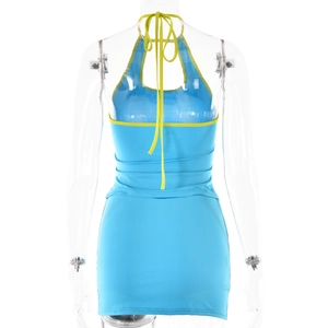 Detail of light blue backless halter top with lime green contrast binding and tie closure