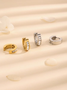 Polished titanium steel huggie earrings with square cubic zirconia in gold and silver