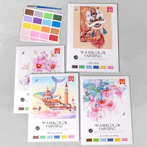 Portable DIY watercolor painting kit including 4 themed cards, 20 colors and a brush