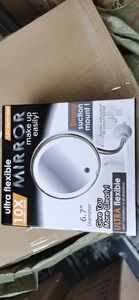 Detail of 10X magnification LED mirror packaging showing flexible 360 rotation and 6.7 inch size