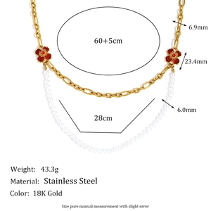 Double-layered 18K gold plated stainless steel necklace with red flower and pearl detail