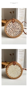 Detail of handmade rattan crossbody bags with inlaid shell patterns and leather straps
