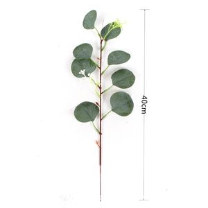 Detail showing artificial eucalyptus stem with green leaves and white buds, 40cm height