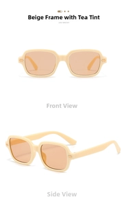 Front and side views of vintage square beige sunglasses with tea-colored lenses
