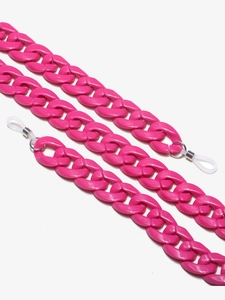 Detail of rose red acrylic eyewear chain with glossy finish and silicone loop connectors