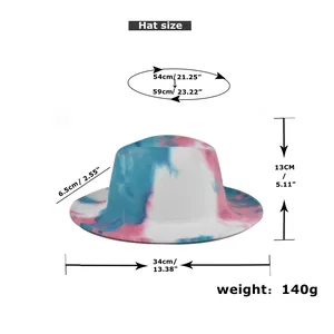 Detailed size chart for tie-dye fedora hat showing circumference and brim measurements