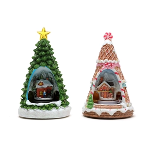 Christmas musical snow globe with rotating train LED light resin tree and gingerbread house