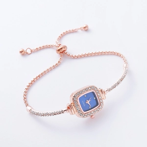 Rose gold square watch for women with blue dial and adjustable diamond bracelet
