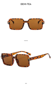 Detailed views showing the positive and side profiles of demi-tea square frame sunglasses