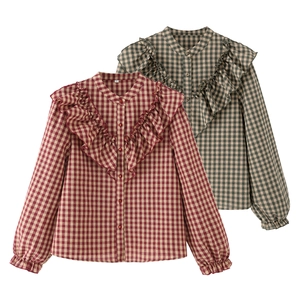 Gingham Rüschen Langarmbluse Baumwolle Stehkragen Retro Karo Hemd Mit Knöpfen Für Damen