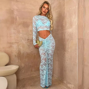 Elegant light blue floral lace two-piece set with long sleeve crop top and slim fit maxi skirt