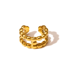 Close-up of 18k gold plated stainless steel double-layer beaded ring with polished finish
