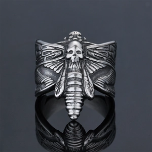 Gothic punk moth skull ring in silver stainless steel with detailed embossed engraving