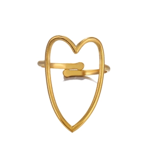 Adjustable golden stainless steel open ring with a large hollow heart-shaped design