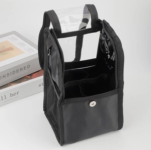 Macro view of multi-compartment makeup bag showing transparent PVC windows and mesh pocket