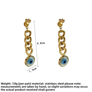 Detailed view of stainless steel evil eye chain earrings with size and weight specs