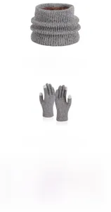 Detail view of light gray winter set with fleece-lined knit hat, scarf and gloves