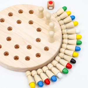 Wooden memory chess game set with colorful pieces and dice for kids early education
