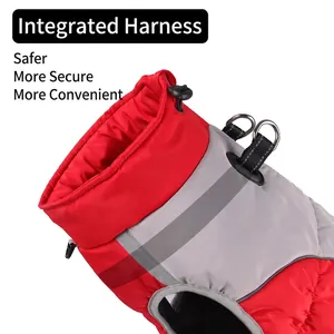 Winter waterproof warm dog vest with red and grey stitching and D-ring harness