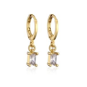 Elegant gold earrings with square zircon pendants and round hoop clasps on white background