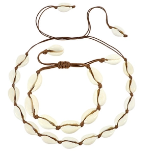 Detailed macro view of handmade shell necklace and bracelet set with brown wax rope