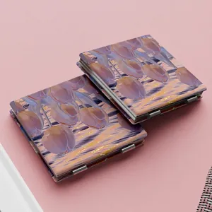 Mini floral folding makeup mirror with tulip oil painting pattern for portable travel