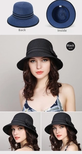Detailed views of women's straw sun hat with black ribbon bow and foldable woven design