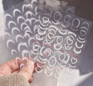 Detail showing white lace borders and red bow nail stickers on thin transparent film
