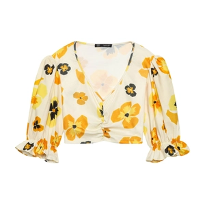 Floral Print Women Ribbed Blouse V Neck Puff Long Sleeve Ruched Cropped Top Sweet Style Flower Pattern